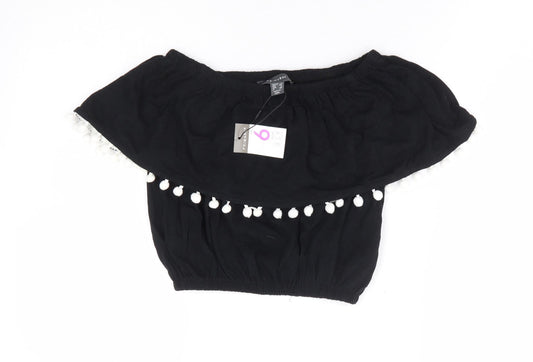 Primark Womens Black 100% Cotton Cropped Tank Size 6 Off the Shoulder - Pom Pom Trim Bandeau Top