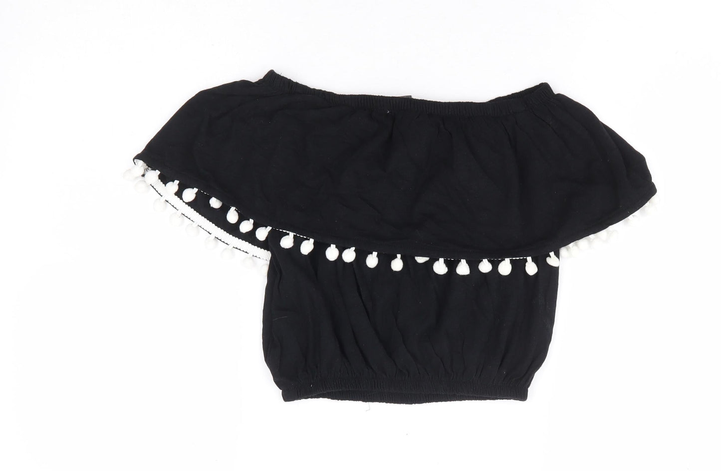 Primark Womens Black 100% Cotton Cropped Tank Size 6 Off the Shoulder - Pom Pom Trim Bandeau Top