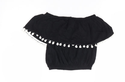Primark Womens Black 100% Cotton Cropped Tank Size 6 Off the Shoulder - Pom Pom Trim Bandeau Top