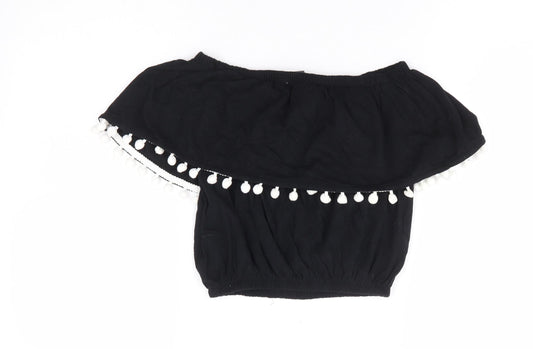 Primark Womens Black 100% Cotton Cropped Tank Size 6 Off the Shoulder - Pom Pom Trim Bandeau Top
