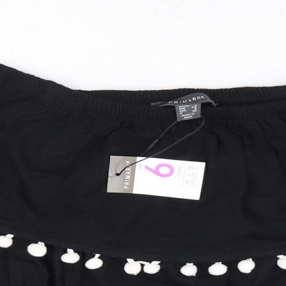 Primark Womens Black 100% Cotton Cropped Tank Size 6 Off the Shoulder - Pom Pom Trim Bandeau Top