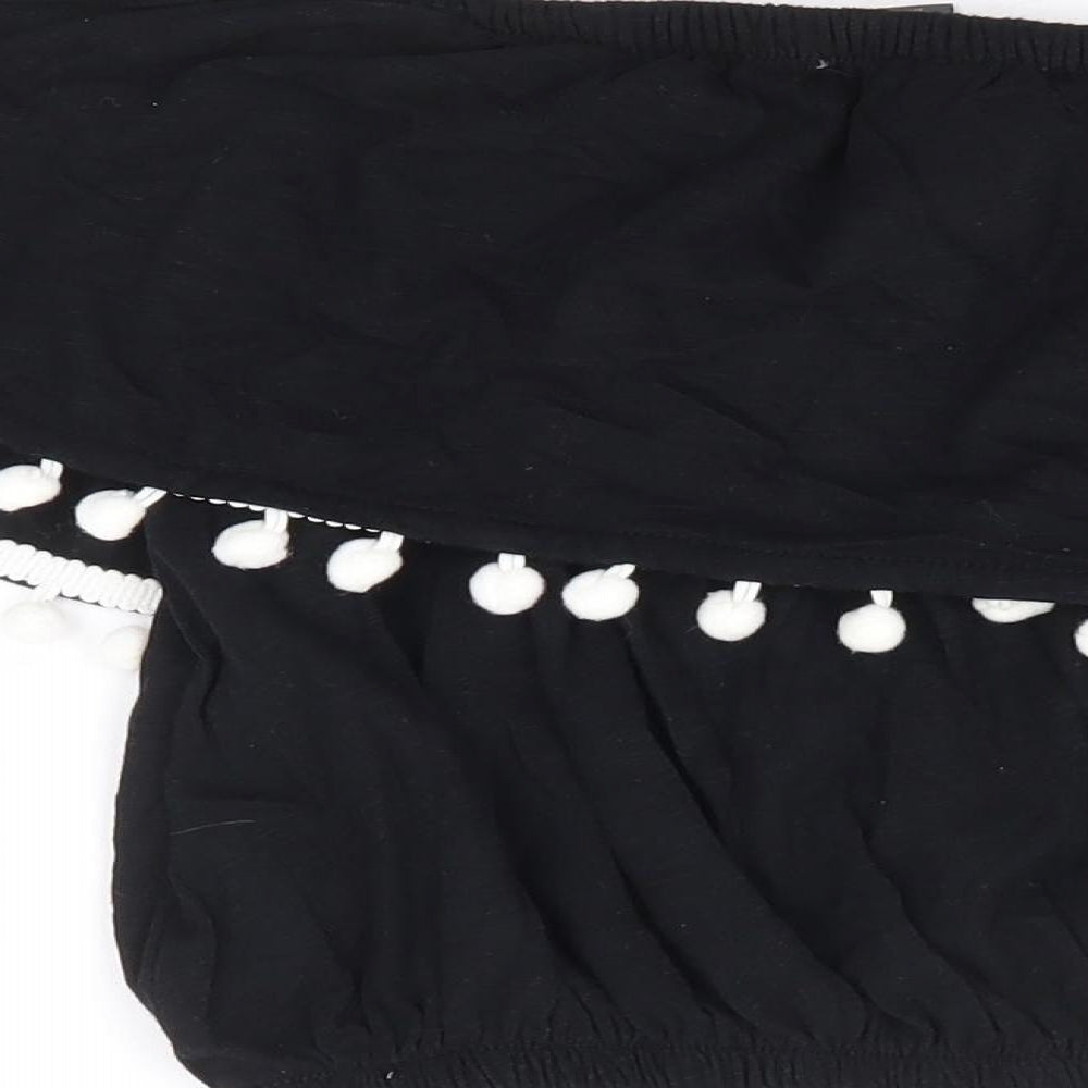 Primark Womens Black 100% Cotton Cropped Tank Size 6 Off the Shoulder - Pom Pom Trim Bandeau Top