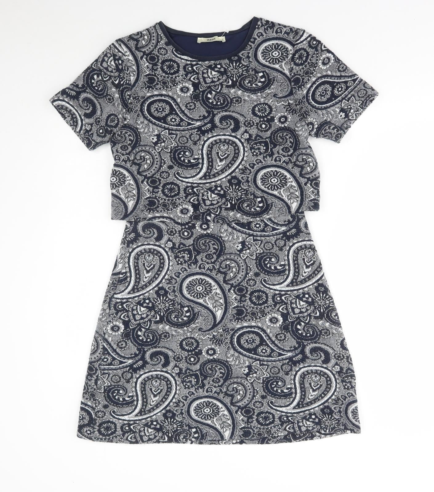 Oasis Womens Blue Paisley Polyester A-Line Size S Round Neck Pullover