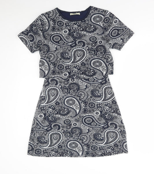 Oasis Womens Blue Paisley Polyester A-Line Size S Round Neck Pullover