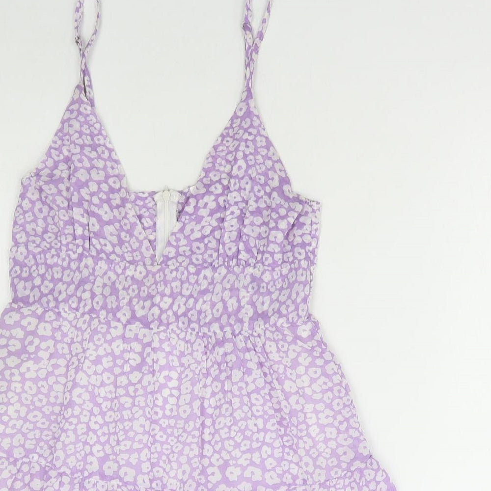 SheIn Womens Purple Floral Polyester A-Line Size S V-Neck Zip