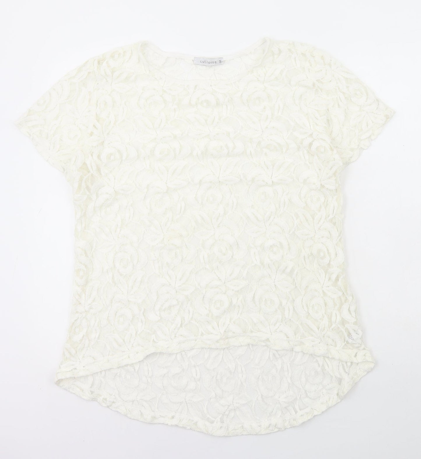 Cut Loose Womens White Geometric Cotton Basic T-Shirt Size M Round Neck