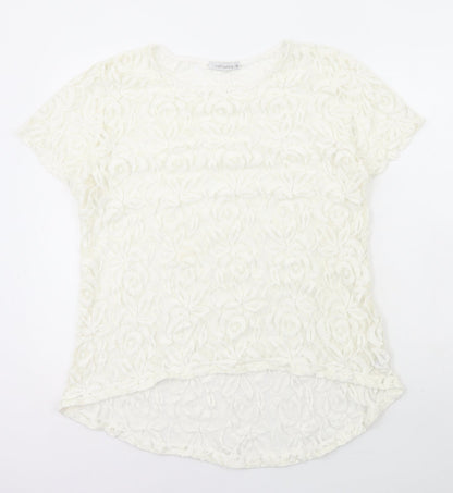 Cut Loose Womens White Geometric Cotton Basic T-Shirt Size M Round Neck