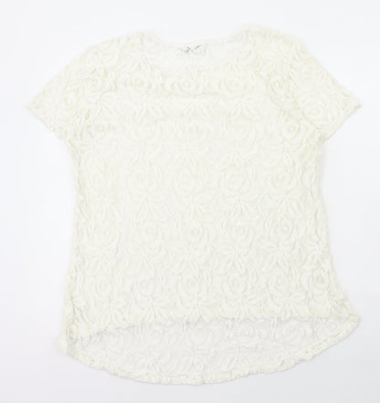 Cut Loose Womens White Geometric Cotton Basic T-Shirt Size M Round Neck