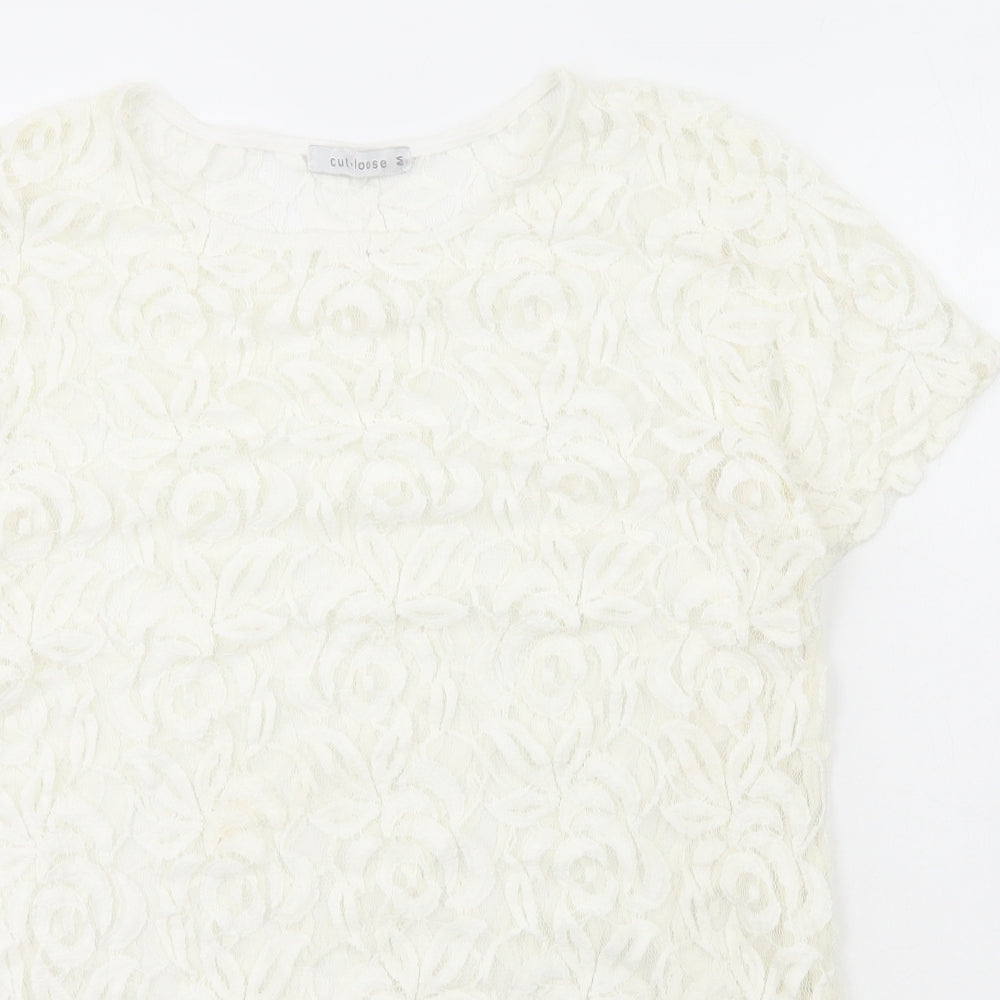 Cut Loose Womens White Geometric Cotton Basic T-Shirt Size M Round Neck