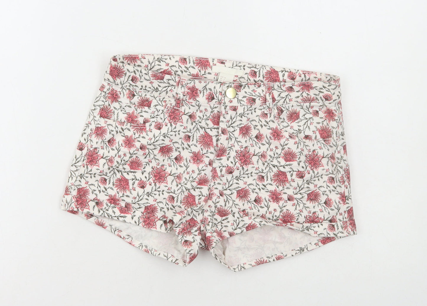 H&M Womens Multicoloured Floral Cotton Hot Pants Shorts Size 6 Regular Zip