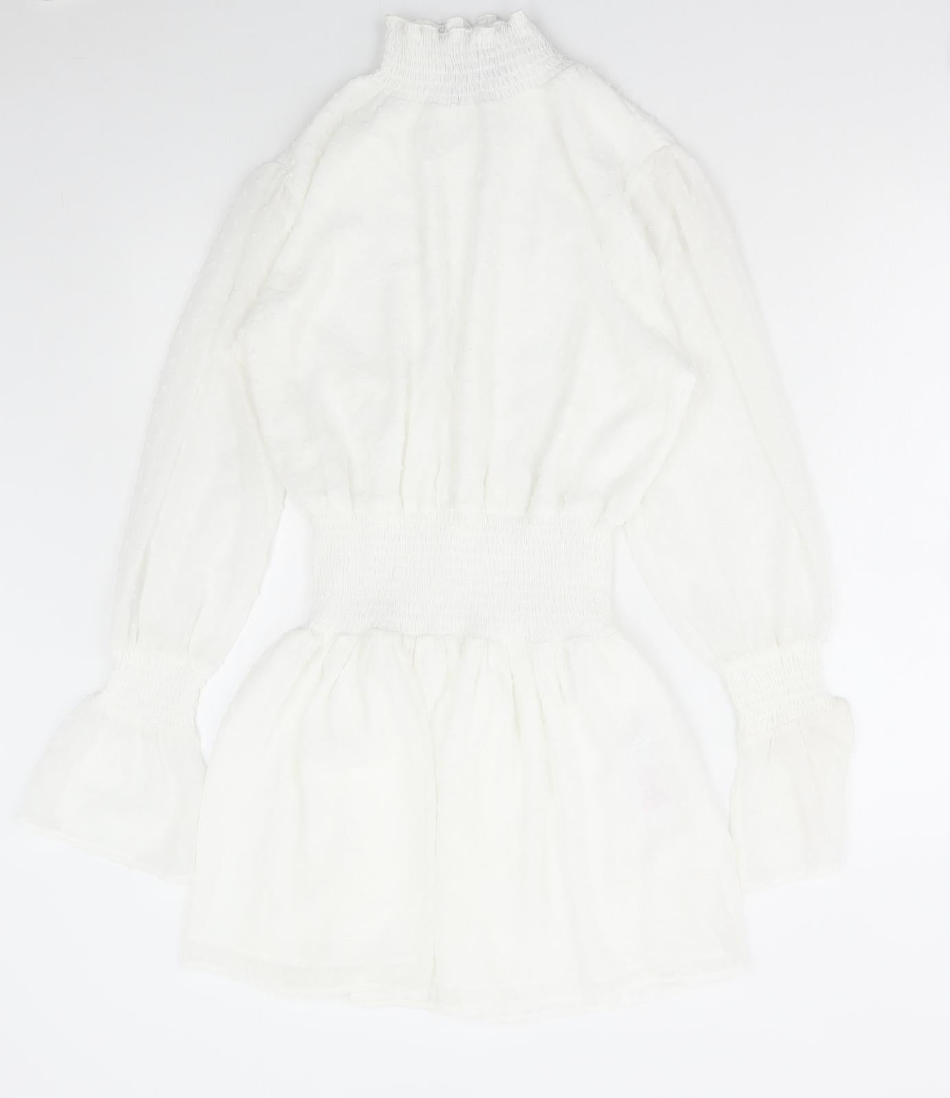 Boohoo Womens White Polka Dot Polyester Fit & Flare Size 8 High Neck Pullover