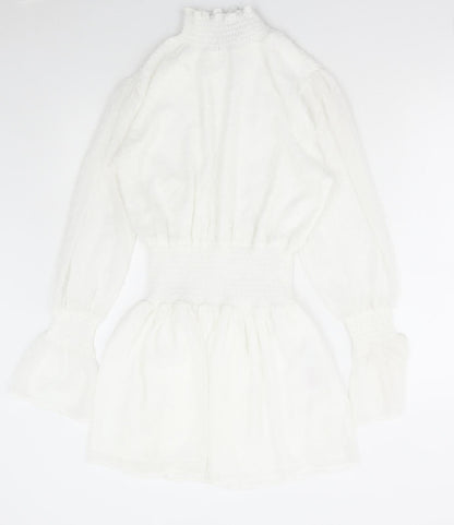 Boohoo Womens White Polka Dot Polyester Fit & Flare Size 8 High Neck Pullover