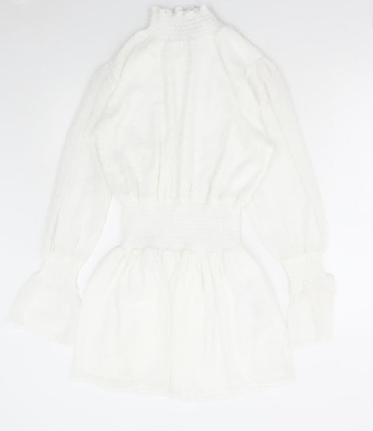 Boohoo Womens White Polka Dot Polyester Fit & Flare Size 8 High Neck Pullover