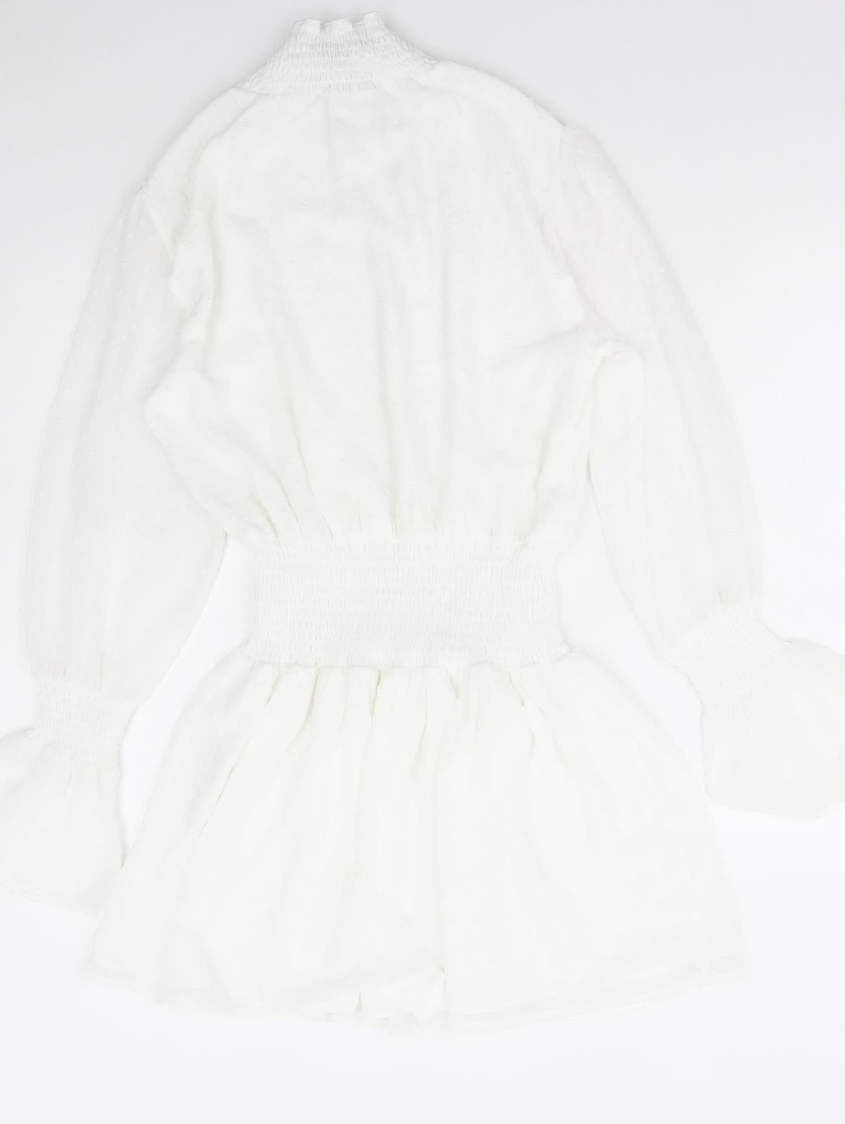 Boohoo Womens White Polka Dot Polyester Fit & Flare Size 8 High Neck Pullover