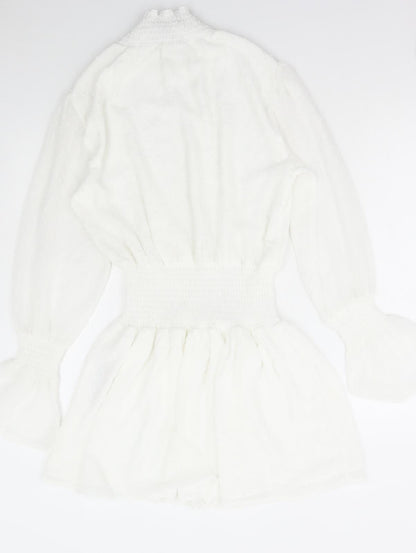 Boohoo Womens White Polka Dot Polyester Fit & Flare Size 8 High Neck Pullover