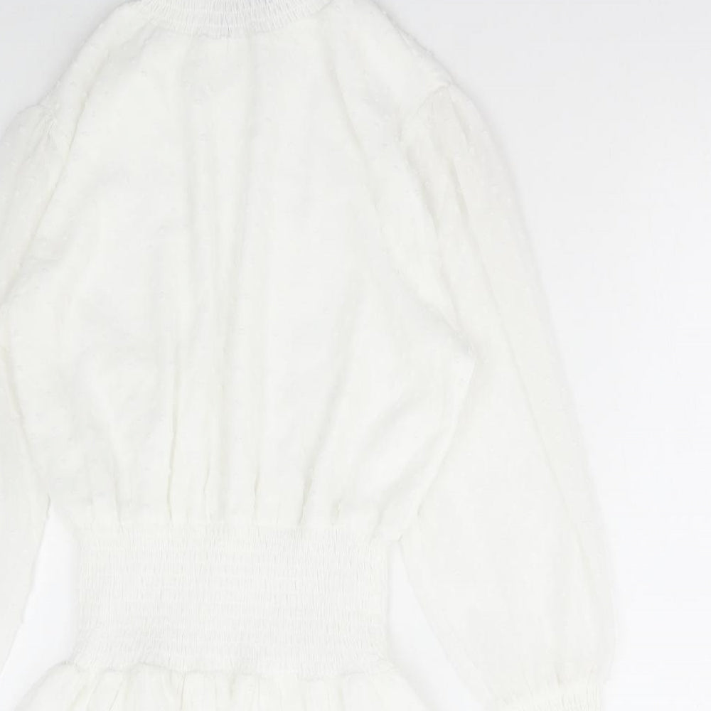 Boohoo Womens White Polka Dot Polyester Fit & Flare Size 8 High Neck Pullover