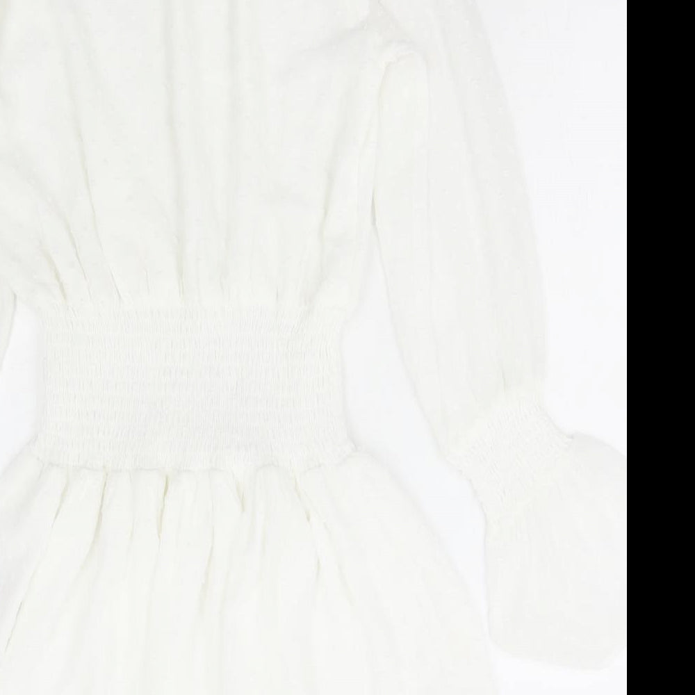 Boohoo Womens White Polka Dot Polyester Fit & Flare Size 8 High Neck Pullover