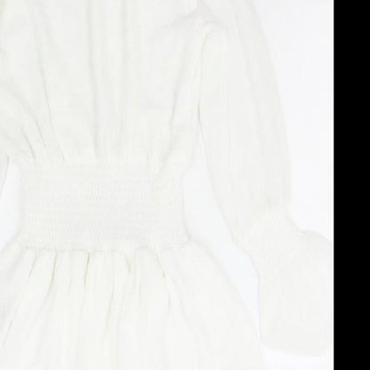 Boohoo Womens White Polka Dot Polyester Fit & Flare Size 8 High Neck Pullover