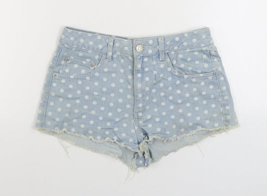 Topshop Womens Blue Polka Dot Cotton Hot Pants Shorts Size 28 in Regular Zip
