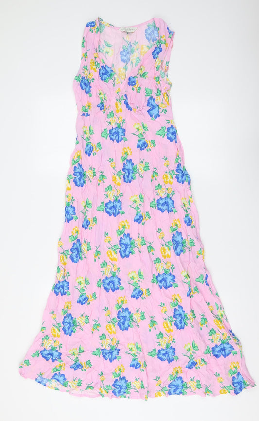 Marks and Spencer Womens Pink Floral Viscose Maxi Size 10 V-Neck Pullover