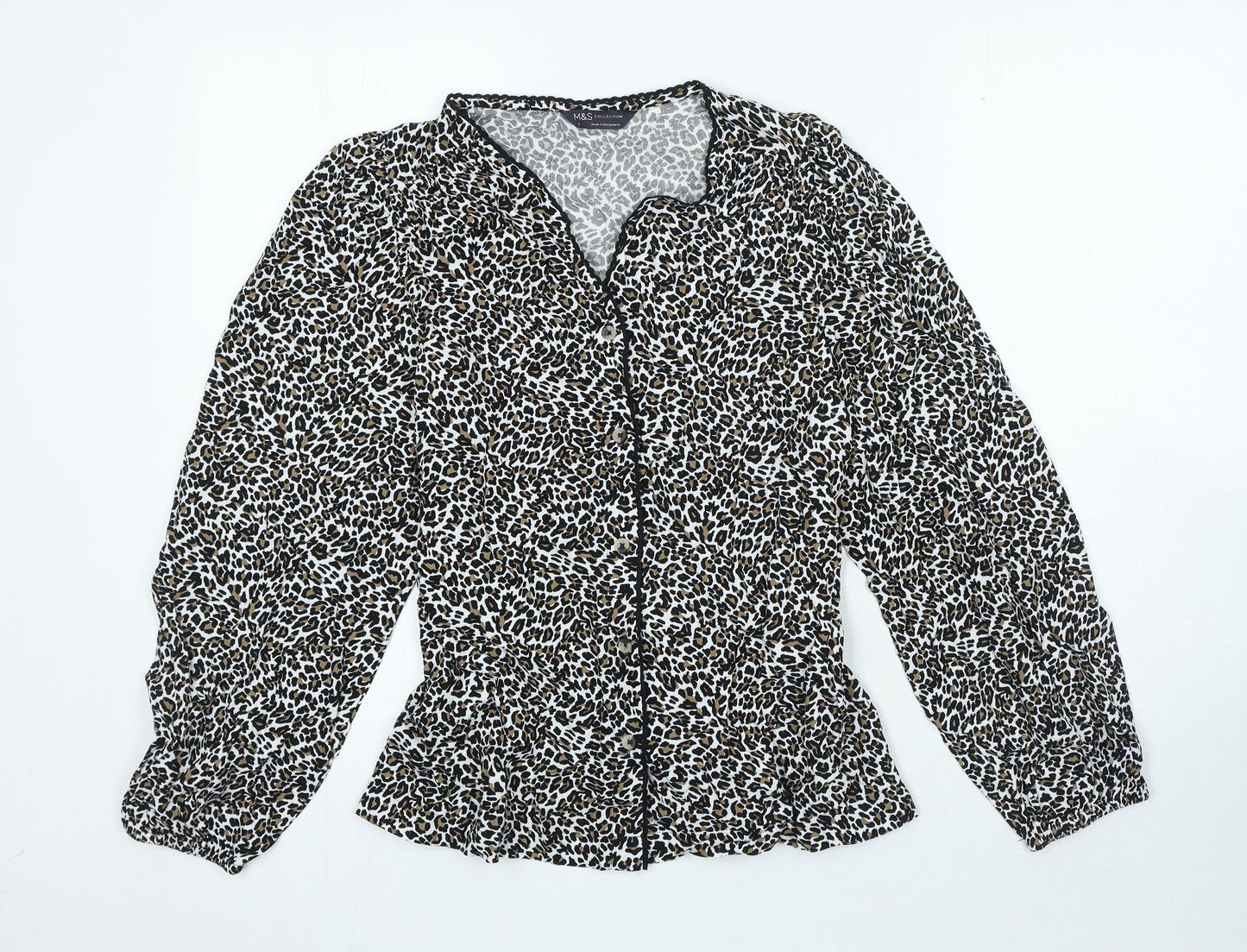 Marks and Spencer Womens Black Animal Print Viscose Basic Blouse Size 6 V-Neck - Leopard Print
