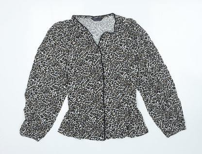 Marks and Spencer Womens Black Animal Print Viscose Basic Blouse Size 6 V-Neck - Leopard Print