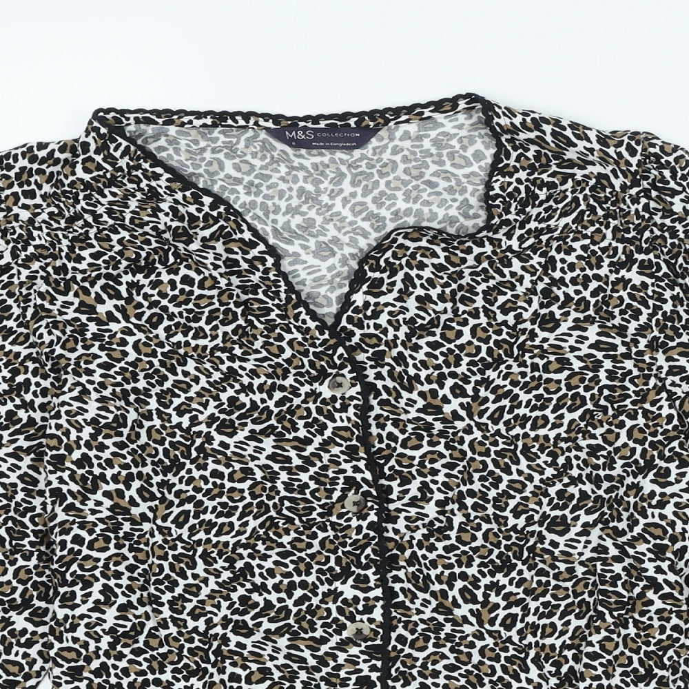 Marks and Spencer Womens Black Animal Print Viscose Basic Blouse Size 6 V-Neck - Leopard Print