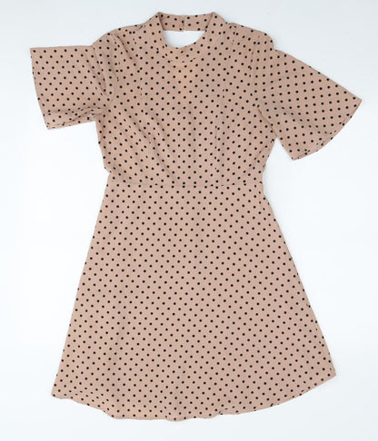 H&M Womens Beige Polka Dot Polyester A-Line Size S Round Neck Zip