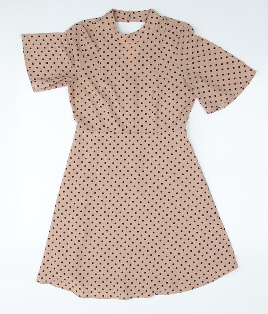 H&M Womens Beige Polka Dot Polyester A-Line Size S Round Neck Zip