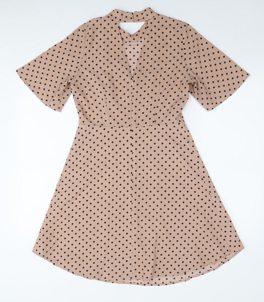 H&M Womens Beige Polka Dot Polyester A-Line Size S Round Neck Zip