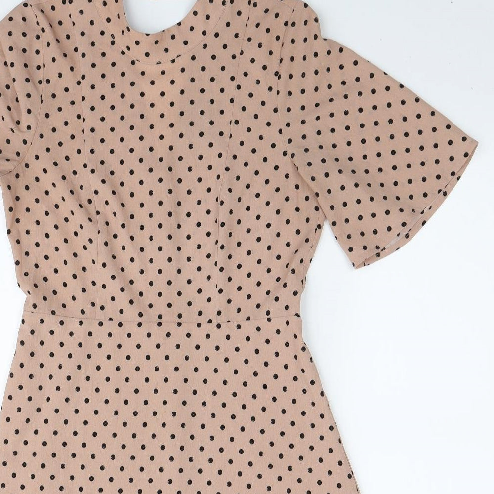 H&M Womens Beige Polka Dot Polyester A-Line Size S Round Neck Zip