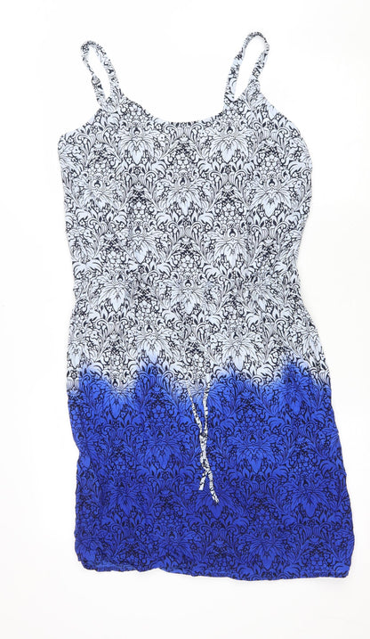 BHS Womens Blue Floral Viscose Tank Dress Size 12 Scoop Neck Drawstring