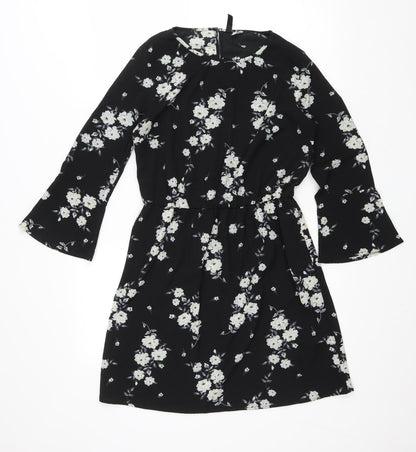 H&M Womens Black Floral Polyester Fit & Flare Size 6 Scoop Neck Button