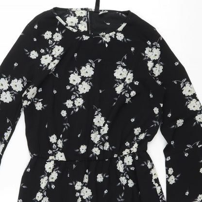 H&M Womens Black Floral Polyester Fit & Flare Size 6 Scoop Neck Button