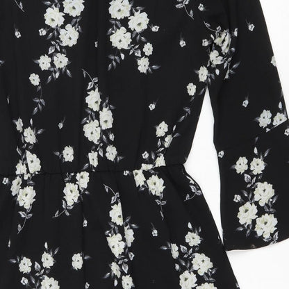 H&M Womens Black Floral Polyester Fit & Flare Size 6 Scoop Neck Button