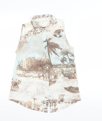 Denim & Co. Womens Multicoloured Geometric Polyester Basic Button-Up Size 10 Collared - Beach Scene