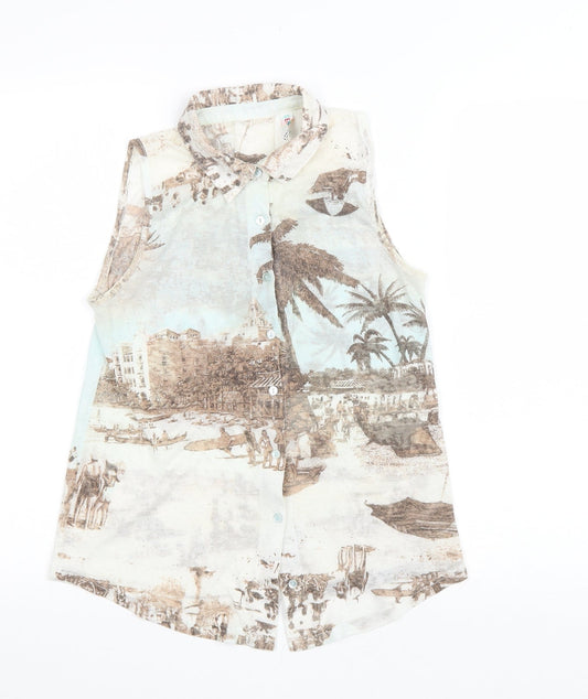 Denim & Co. Womens Multicoloured Geometric Polyester Basic Button-Up Size 10 Collared - Beach Scene