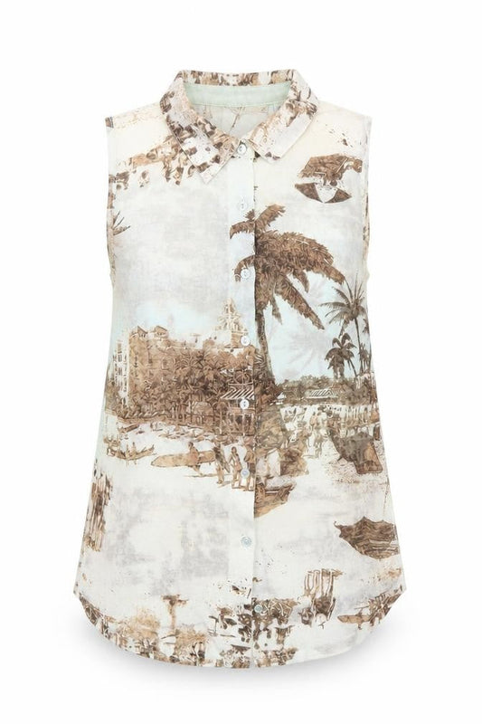 Denim & Co. Womens Multicoloured Geometric Polyester Basic Button-Up Size 10 Collared - Beach Scene