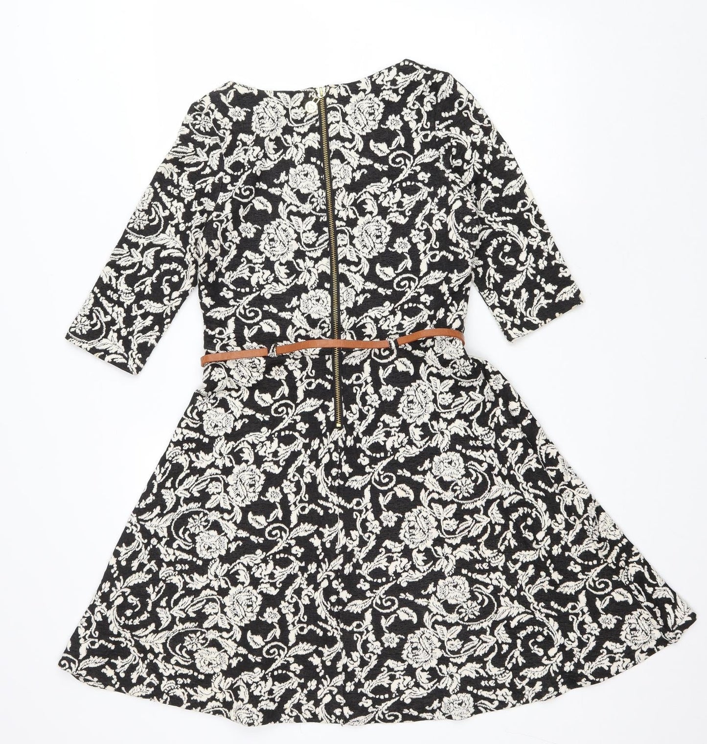 Youmi Womens Black Floral Cotton Fit & Flare Size 10 Scoop Neck Zip