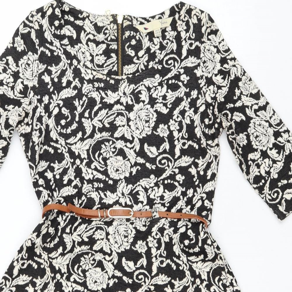 Youmi Womens Black Floral Cotton Fit & Flare Size 10 Scoop Neck Zip