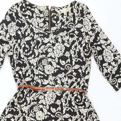 Youmi Womens Black Floral Cotton Fit & Flare Size 10 Scoop Neck Zip