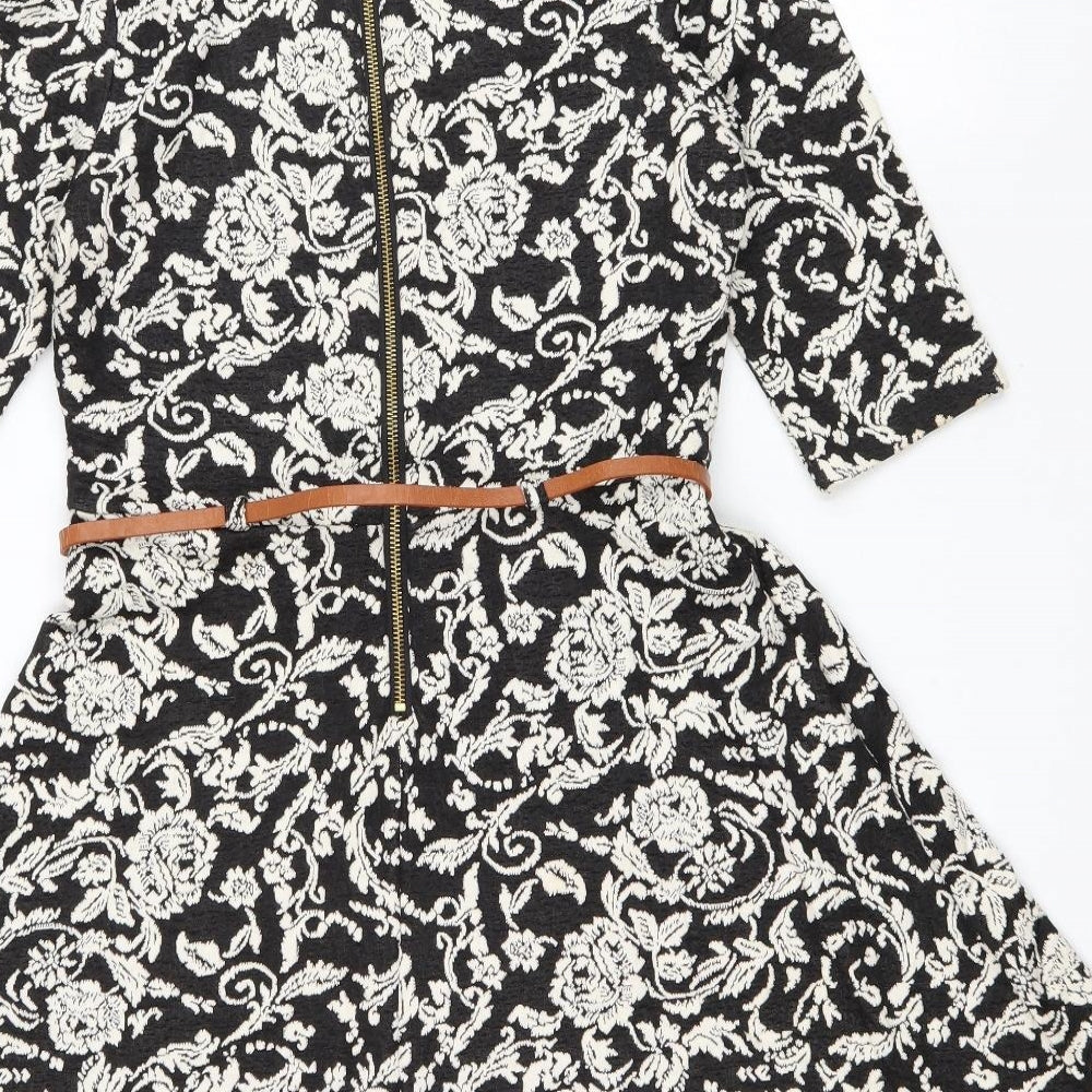 Youmi Womens Black Floral Cotton Fit & Flare Size 10 Scoop Neck Zip