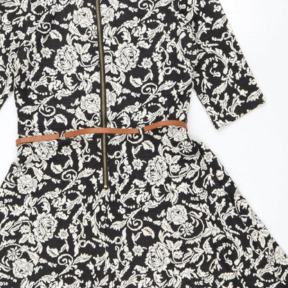 Youmi Womens Black Floral Cotton Fit & Flare Size 10 Scoop Neck Zip