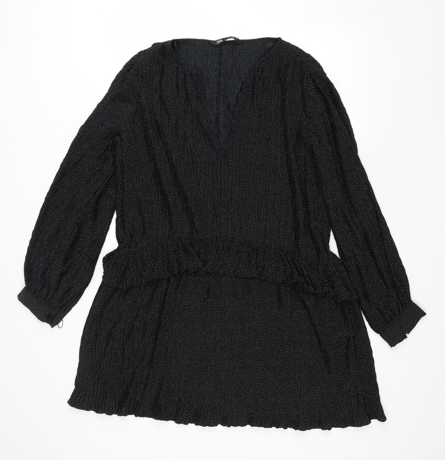 Zara Womens Black Polka Dot Polyester Trapeze & Swing Size L V-Neck Pullover