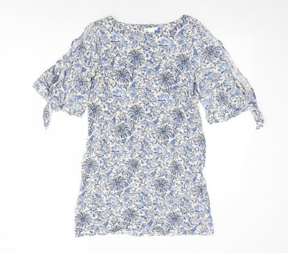 H&M Womens Blue Floral Viscose Shift Size 12 Boat Neck Pullover - Split Tie Sleeve Detail