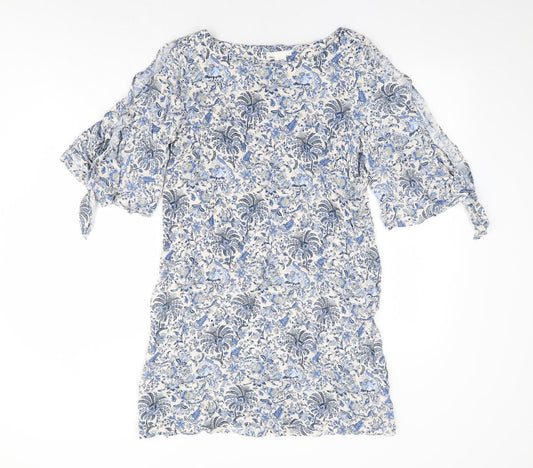 H&M Womens Blue Floral Viscose Shift Size 12 Boat Neck Pullover - Split Tie Sleeve Detail