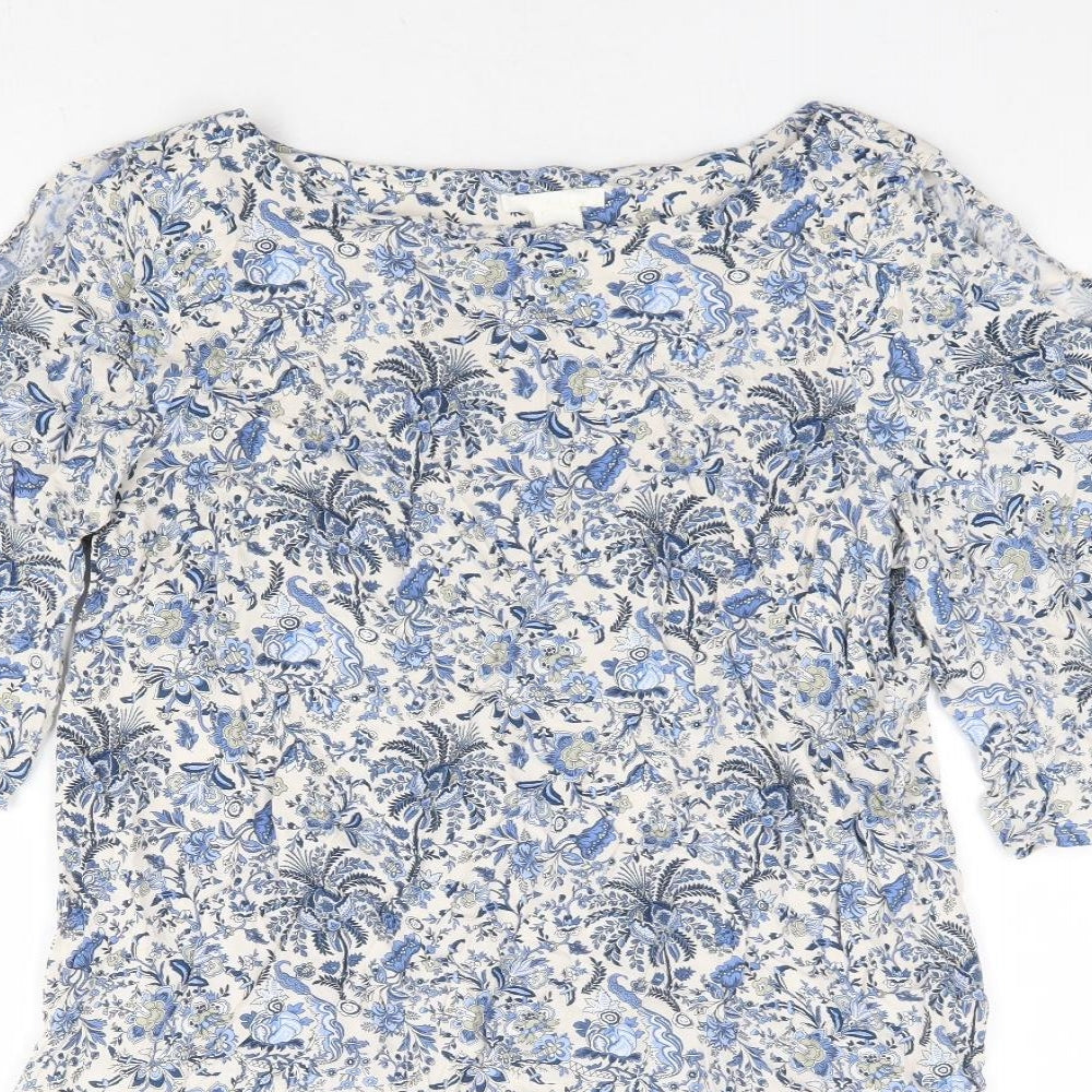 H&M Womens Blue Floral Viscose Shift Size 12 Boat Neck Pullover - Split Tie Sleeve Detail