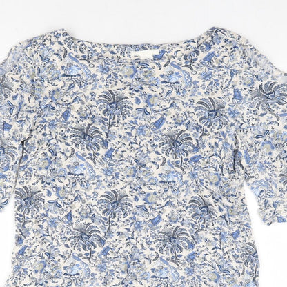 H&M Womens Blue Floral Viscose Shift Size 12 Boat Neck Pullover - Split Tie Sleeve Detail