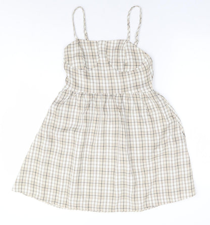 SheIn Womens Beige Plaid Polyester Fit & Flare Size S Square Neck Zip