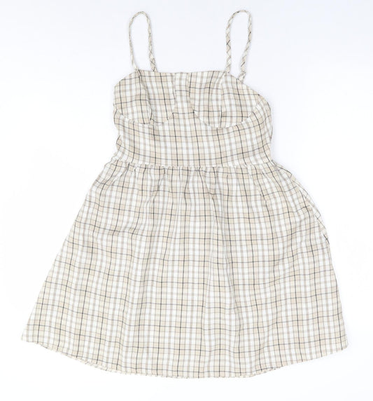 SheIn Womens Beige Plaid Polyester Fit & Flare Size S Square Neck Zip